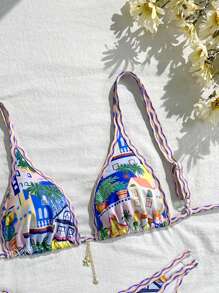 Swim Vcay 1pc Triangle Strap Print Split Sexy Beachwear Bikini For Summer Beach Vacation - Multicolor - View 8