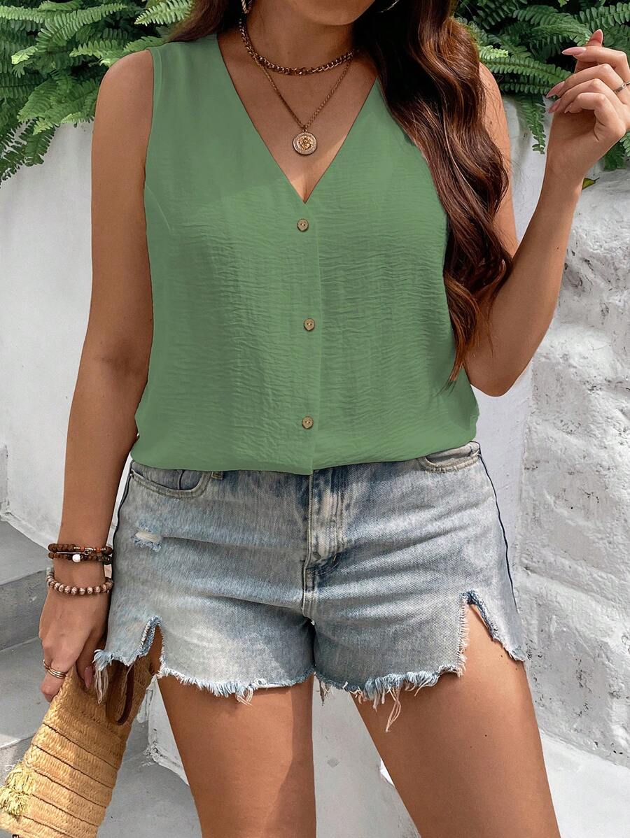 EMERY ROSE Áo sơ mi không tay cổ chữ V đơn hàng thường ngày cỡ lớn cho nữ - màu xanh lá - Xem 1