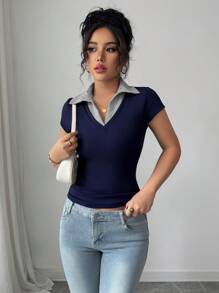 SHEIN Raffinéa 女士休闲通勤优雅商务休闲度假舒适成熟优雅性感V领条纹拼接2合1蓝色罗纹面料高弹修身短袖T恤，春夏 - 寶藍色 - 查看 7