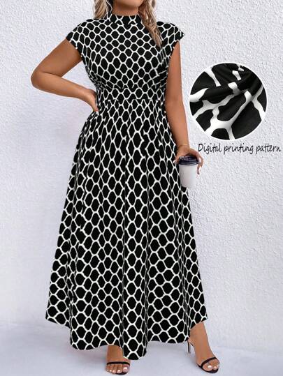 Rometta Plus Polka Dot Print Mock Neck Dress Maxi Women Outfit