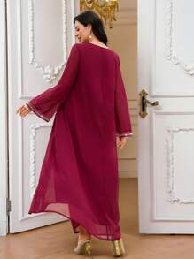 Al Najma 女士优雅朴素珍珠和水钻网眼拼接连衣裙 - 酒紅色 - 查看 2