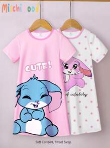 GraphicGems Tween Girls 2pcs Pajama Set - Pink Rabbit Print Nightgown, Comfortable & Elegant Loungewear - Pink - View 5