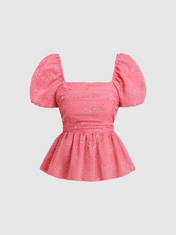 Sweetra French Style Sweet & Fresh Pink Embroidered Ruched A-Line Short Sleeve Blouse For Women, Spring/Summer
