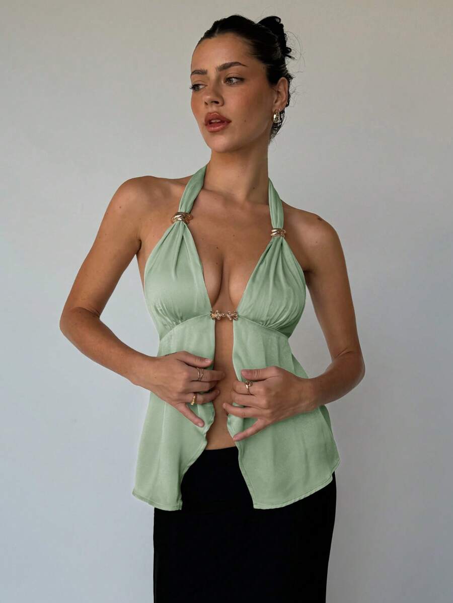 Aloruh Áo không tay với khóa kim loại trang trí, thiết kế hở lưng, chất liệu satin, thích hợp cho mùa xuân. - Màu xanh Bạc hà - Xem 1