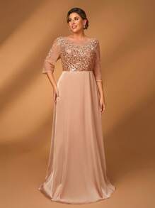 Serin 加大码夏季优雅华丽香槟灰色亮片珠定制缎面圆领贴花中袖 A 字下摆适合晚餐单身派对约会舞蹈节日音乐节婚礼活动新娘母亲礼服 - 香檳色 - 查看 4