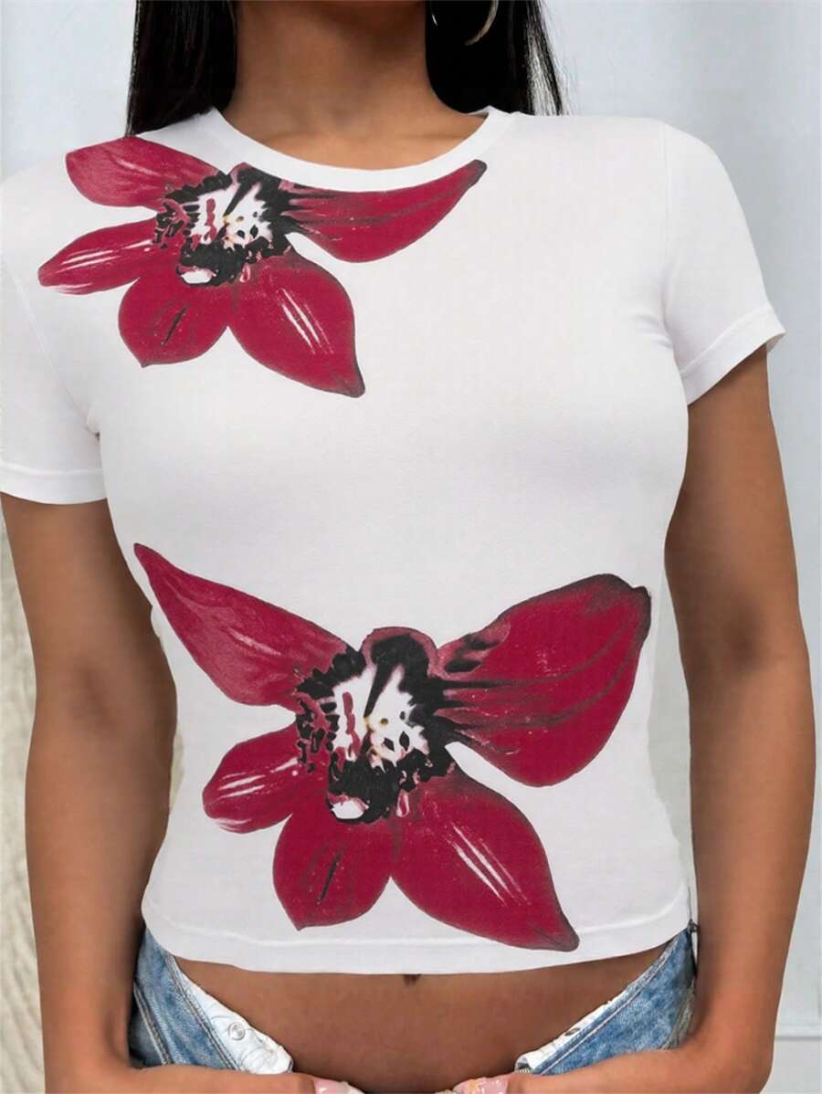 INAWLY T-shirt femme à manches courtes et col rond, style d'été - Blanc - Voir 1