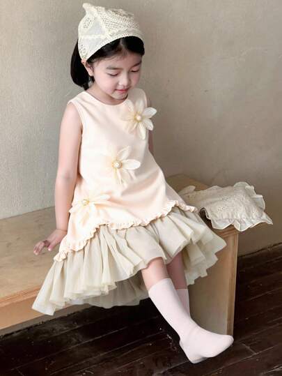 SHEIN Elladie kids 年轻女孩优雅 3D 珍珠花网眼不对称下摆无袖连衣裙，春夏