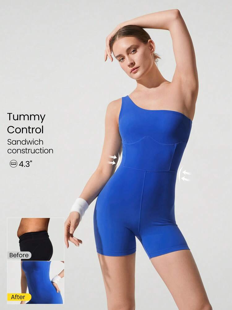 4.3" FeatherFit™ One Hit Wonder Tummy Control Removable Cups One Shoulder Romper Low Impact Yoga Pilates Barre Studio Daily Casual Wear