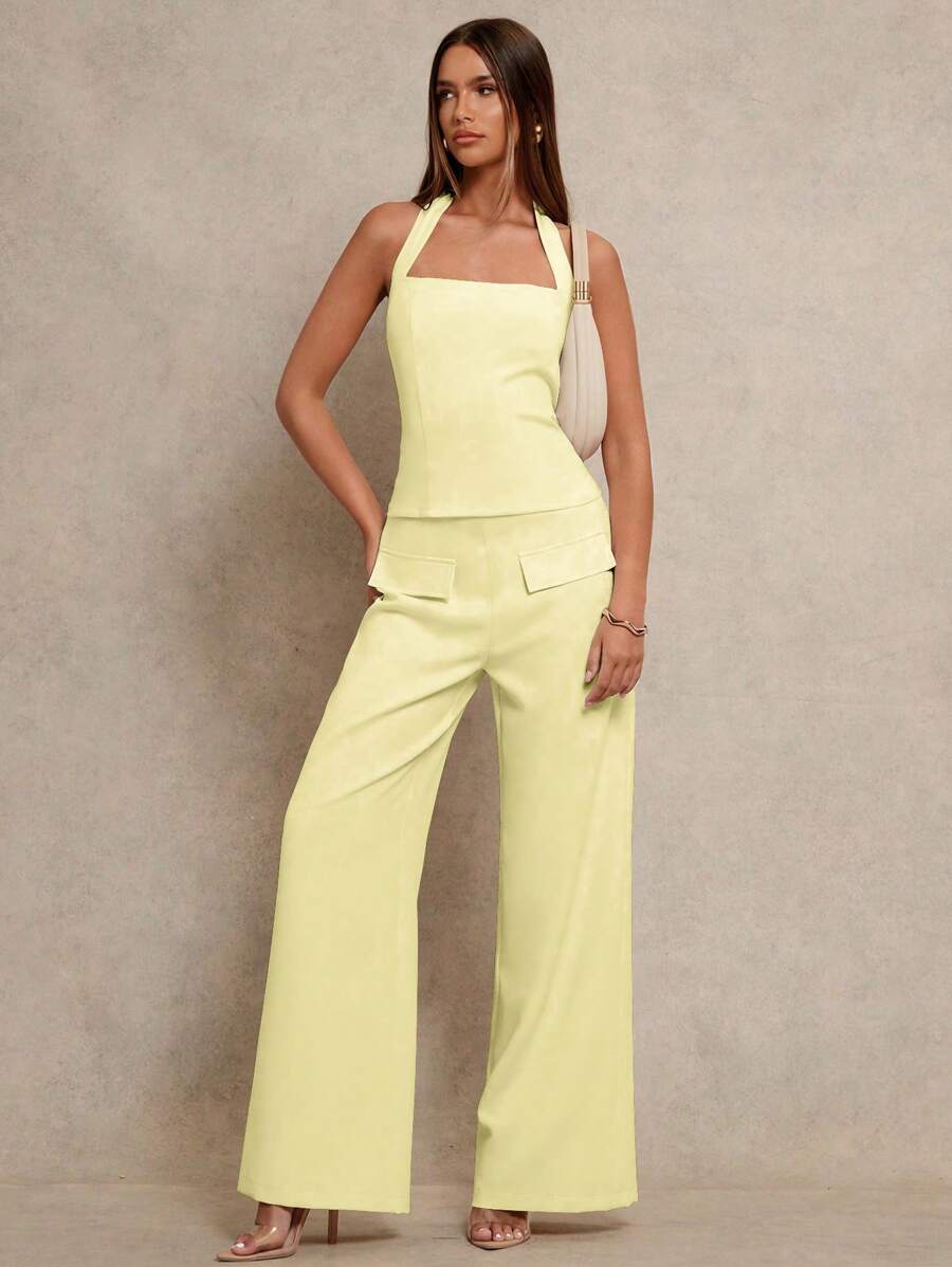 Glamine 2 件套：颈部系带简约性感吊带背心上衣 + 直筒裤，采用梭织面料制成，纯色，时尚女装春装裤套装夏季套装两件套女装夏季套装女装 - 黃色 - 查看 1