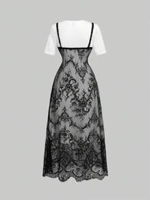 SHEIN MOD Bộ 2 món gồm váy ngắn tay cổ tròn dáng rộng thoải mái kèm áo hai dây ren, thích hợp mặc hàng ngày, phong cách hippie, dự tiệc trà, ren, đi chơi, váy thường ngày. - Đen và trắng - Xem 3
