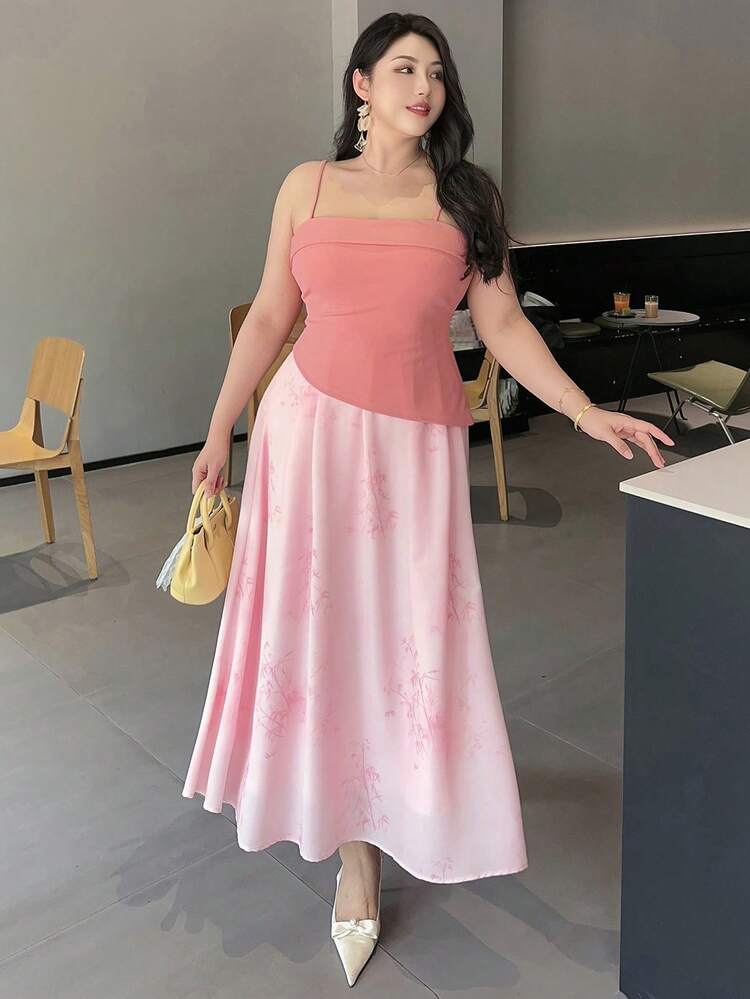 Dazy Plus Color-Block Chiffon Floral Print Dress, Spaghetti Strap, Vacation Style, Pink Maxi Dress
