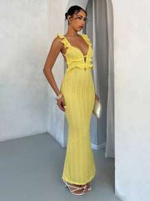 SHEIN BAE 性感镂空钩针纹理荷叶边盖袖露背系带优雅长款鱼尾连衣裙夏季 - 黃色 - 查看 4