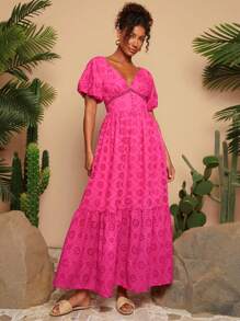 Travachic 女士纯色梭织短袖V领连衣裙 - 粉色 - 查看 4