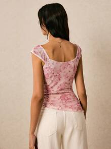 Poéselle 粉色上衣，不对称下摆 T 恤，网眼上衣，舒适透气，女式花卉印花方领系带 T 恤，适合日常穿着、外出、海滩、度假、约会