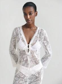 Maija Vestido flojo de escote en V color beige de estilo bohemio y romántico para mujer, vestido largo de manga larga cómodo y ajustado con detalles de encaje, lazo, y bordados, adecuado para primavera/verano - Blanco - Ver 3