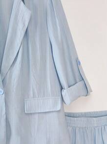 Chiquease 2pcs/Set Plain Professional Casual Long Sleeve Jacket And Shorts Set - Blue - View 3