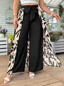 SHEIN Privé Quần dài ống rộng phong cách nghỉ mát Pháp rộng rãi cho nữ cỡ lớn kèm khăn choàng - Nhiều màu - Xem 1