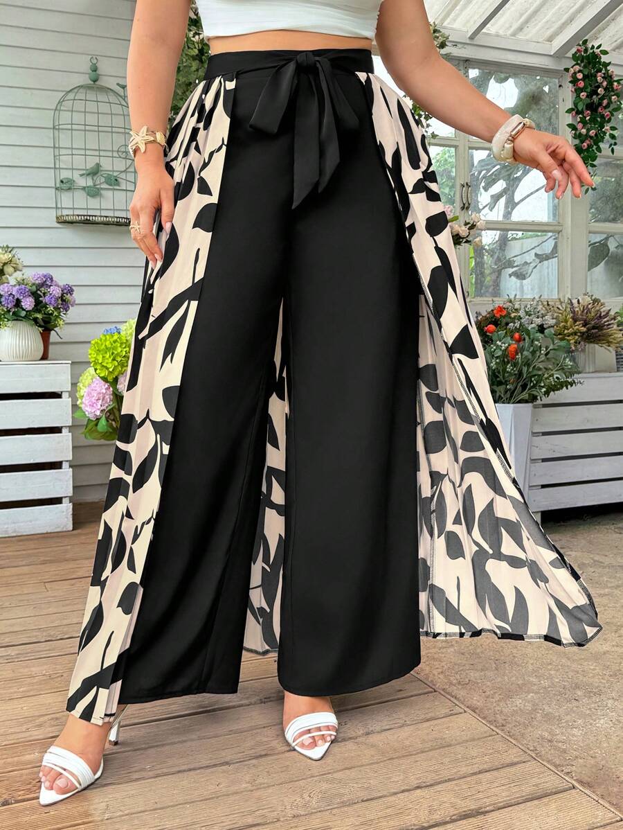 SHEIN Privé Quần dài ống rộng phong cách nghỉ mát Pháp rộng rãi cho nữ cỡ lớn kèm khăn choàng - Nhiều màu - Xem 1