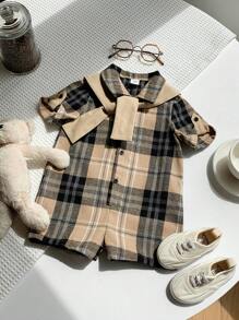 SHEIN 2 件套新生儿男女通用卡其色格子短袖连体衣和披肩套装，舒适休闲百搭服装，适合室内、户外、日常、运动、玩耍、派对、拍照、度假、春夏季 - 卡其色 - 查看 8