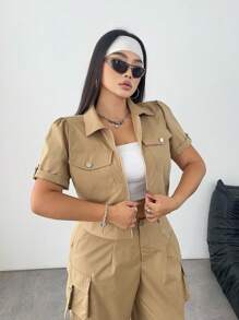 POPSWAY 2 piezas Set de Mujer Talla Grande: Top casual de manga corta caqui + Pantalones utilitarios - Caqui - Ver 4