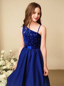 SHEIN Đầm lệch vai đính sequin, vạt bất đối xứng cho bé gái tuổi teen, thích hợp cho biểu diễn, tiệc cưới, làm phù dâu, sinh nhật, Giáng sinh, Lễ Tạ ơn. - Màu xanh lam - Xem 5