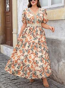 SHEIN Clasi 大码女式优雅花卉印花 V 领拼接镂空蕾丝荷叶边下摆 A 字长裙、飘逸连衣裙、女式鸡尾酒会礼服、Fairycore、正式礼服、晚礼服、端庄连衣裙 - 彩色 - 查看 8