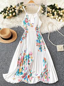 SHEIN LUNE Robe longue imprimée florale avec col ras-du-cou, nœud papillon, plissée en forme de A. Élégante et romantique, grande taille, été - Multicolore - Voir 2