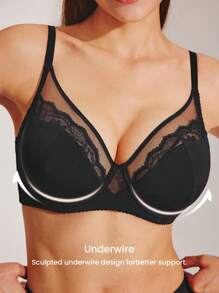 LUVLETTE Woman Lingerie Lounge Curve Sheer Full Coverage Support&Breathable Underwire Sexy Unlined Black Lace Elegance & Mesh Minimizer Bra Bridal Intimates