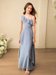 SHEIN Tween Girls Bridesmaid Shoulder Ruffle Asymmetrical Hem Maxi Dress, For Wedding, Prom, Birthday Party - Blue - View 5