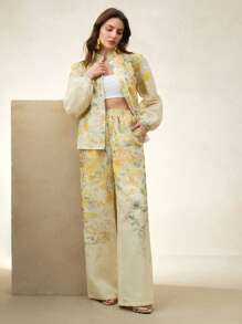 Anewsta 优雅花卉衬衫套装，米黄色印花图案撞色蕾丝长袖上衣和女士长裤，春夏皆宜 - 黃色 - 查看 7