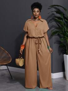 Slaydiva 大码女式纯绿色短袖交叉 V 领编织腰带阔腿连体裤，休闲度假装，春夏