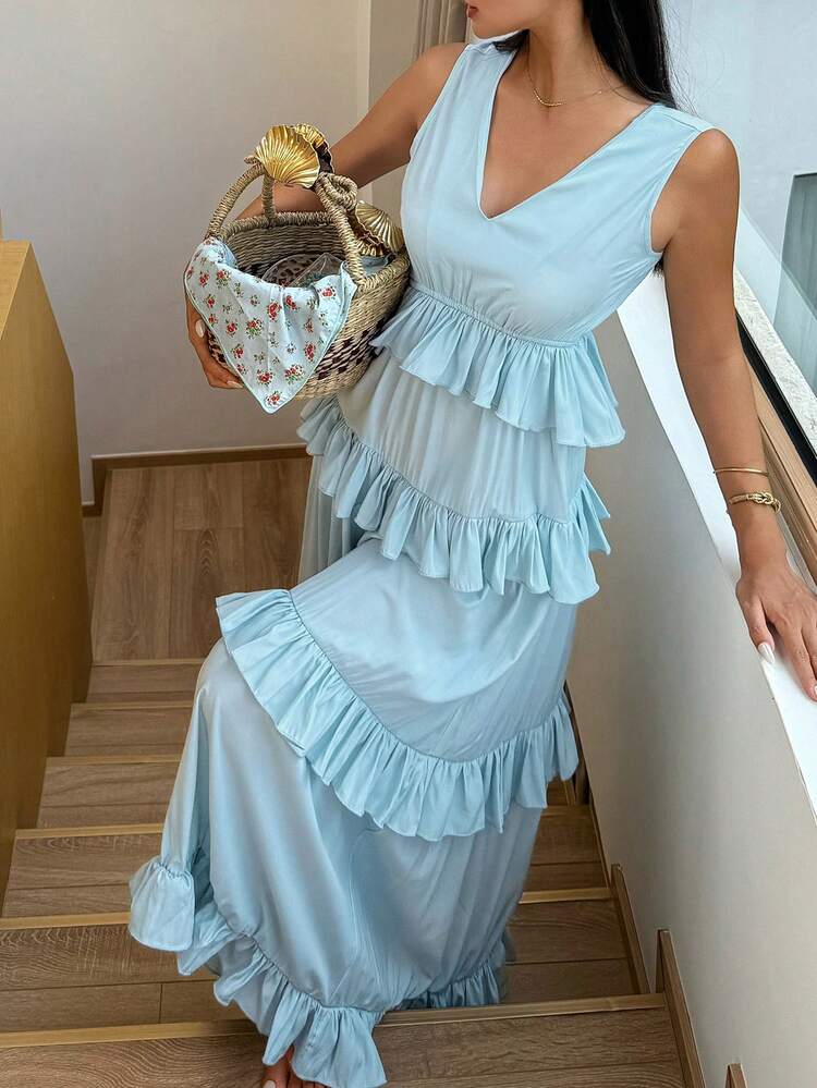 Beach Resort Style Ruffled Waist Sleeveless Long Women House Dress Pajama