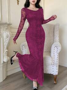 Modelyn Women Elegant Sexy V-Neck Ruched Waist Fishtail Hem Lace Dress Fall Cloth For Women