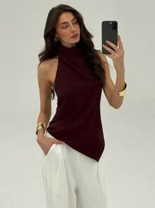 Aloruh 女士性感纯色露背高领不对称下摆修身上衣，夏季度假露背不对称上衣，简约时尚，适合通勤和办公室穿着。 - 紅色 - 查看 6