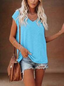 EMERY ROSE Women's Solid V-Neck Batwing Sleeve Casual T-Shirt, Summer - Baby Blue - View 3