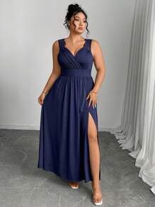 Elenzga Đầm dài cỡ lớn cổ chữ V phối ren tương phản, dây mảnh, xẻ tà xòe, ôm dáng, thích hợp cho nữ, đầm sinh nhật nữ, đầm thường ngày nữ, đầm chống nắng cỡ lớn nữ, quần áo sinh nhật nữ. - Màu xanh hải quân - Xem 8