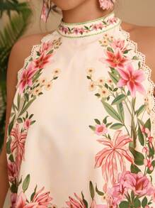 Travachic 2 Stücke/Set Große Größen Blumenmuster Sommer Stehkragen Ärmellose Spitzenbesatz Bluse Und Hose Set Damen Sommerkleidung Damen Sommer Sets Damen S Sommerkleidung Damen S Kleidung Damen Kurze Kleider Sommer