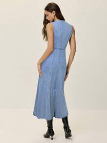 Poéselle Women Solid Color Round Neck Button Front Slit Sleeveless Denim Dress