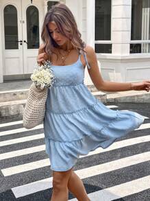 SHEIN LUNE 休闲女式镂空系带荷叶边蛋糕裙 女士夏季服装 毕业礼服 女士度假服装 女士沙滩服装 女士毕业礼服 女士商务休闲装 女士生日礼服 女士波西米亚风休闲装 女士度假礼服 波西米亚风女装 夏威夷服装 - 藍色 - 查看 8