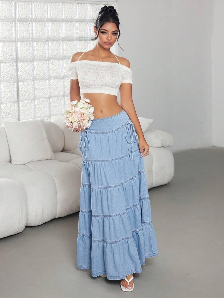 SHEIN ICON Váy mini denim giản dị nhiều lớp viền bèo nhún buộc bên hông cho nữ - Rửa nhẹ - Xem 1