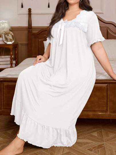 Trezura Plus Size Elegant French Vintage Style Soft Knit Midi Sleep Dress, With Sheer Lace Trim Detail, Comfortable Casual, Moo Moo Sleep Dress