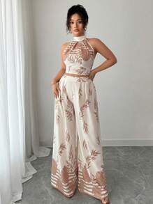 Sunserae Bộ đồ 2 món thanh lịch cho ngày lễ cỡ lớn dành cho nữ, cổ yếm, lưng chéo, quần ống rộng in hoa - Màu be - Xem 5