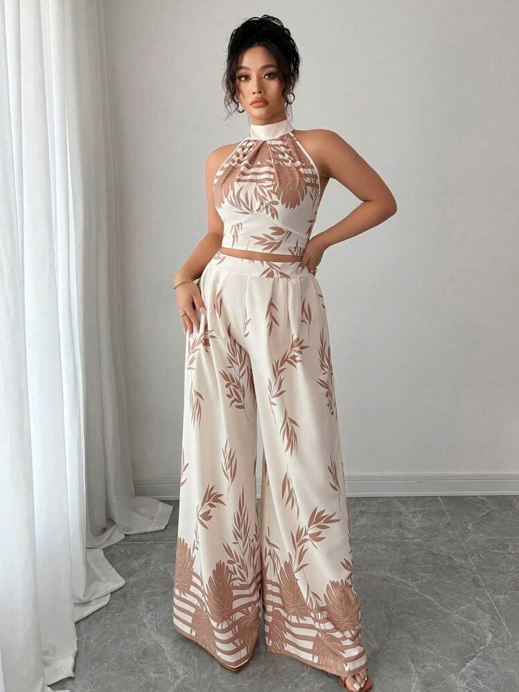 Sunserae Conjunto de 2 piezas elegante para mujer de talla grande, de fiesta, con cuello halter, espalda cruzada, pantalones de pierna ancha con estampado floral - Albaricoque - Añade 5