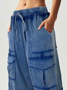 Bohemela Pantalones anchos con bolsillos de punto de unicolor informal para mujeres