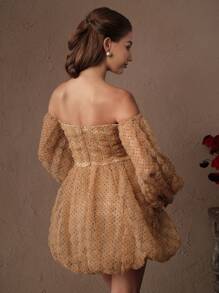 SHEIN Unity Đầm ôm body ngắn tay đèn lồng gợi cảm thanh lịch cho nữ, eo thắt nơ trang trí - màu nâu - Xem 2