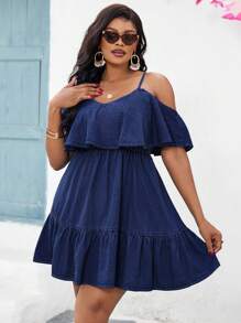 Váy denim thường ngày viền bèo nhún màu trơn cỡ lớn - Rửa tối - Xem 1