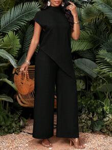 SHEIN Lady Set de 2 piezas con top de manga corta y pantalones largos de unicolor y dobladillo asimétrico para mujer, estilo casual