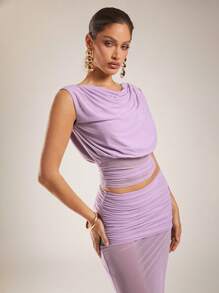Silquee Women's Elegant Summer Pink And Purple See-Through Skirt With A Drop Neck And Off-Shoulder Top With Asymmetric Design, Pleated Two Pieces Suit, Suitable For Seaside Vacation And Graduation