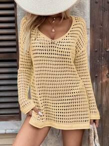 LanaWest V-Neck Loose Beach Cover-Up With Side Slit For Summer Beach Vacation - Yellow - View 6
