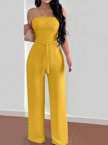 INAWLY Trägerloser rückenfreier Jumpsuit mit Gürtel-Deko, Lässig Urlaub - Gelb - Übersicht 2